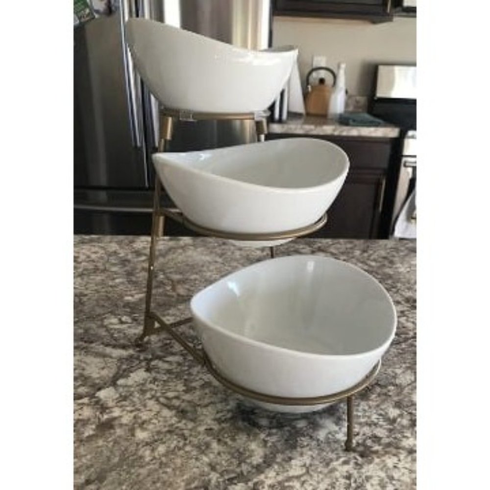 New 3 Tier Oval Bowl Set with Metal Rack, Ceramic Fruit Bowl Serving